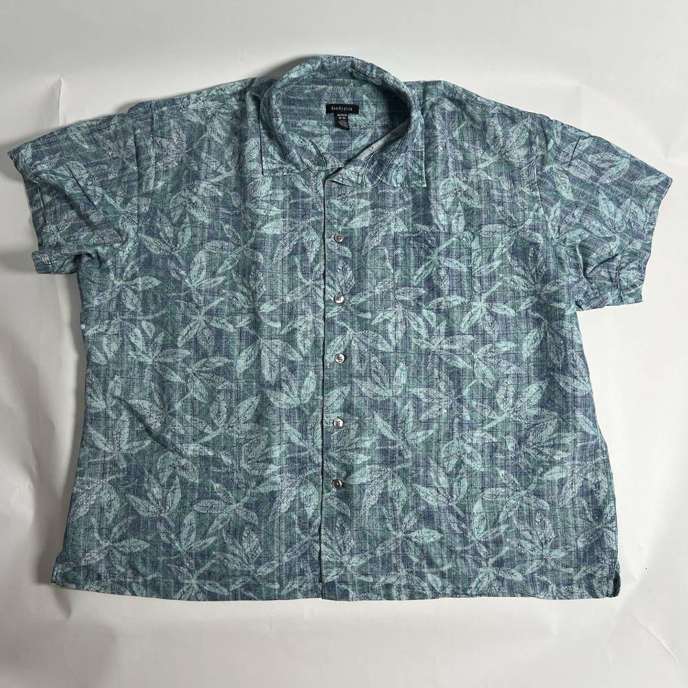 Van Heusen Men's Blue/Green Tropical Floral Woven Button-Up SS Pockets XXL